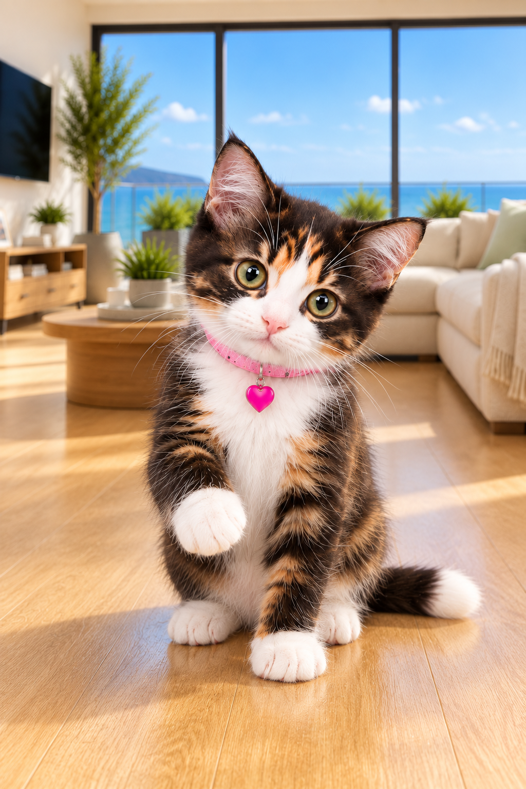 Princess Coco sitting in her seaside living room with her head tilted and one little paw raised.